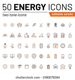 Vector Set Of Energy And Power Related Two Tone Line Icons Isolated On White. High Quality Pixel Perfect Icon Collection Suitable For Mobile And Web Projects. Editable Stroke.