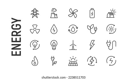 Vector set of energy thin line icons. Design of 20 stroke pictograms. Signs of energy isolated on a white background.