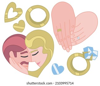 Conjunto vectorial de dibujos con temática de compromiso en forma de corazón: anillos y corazones dorados, tomándose de la mano, una pareja de piel clara amorosa de pie cerca. Romántica ilustración de dibujos animados para el Día de San Valentín, boda.