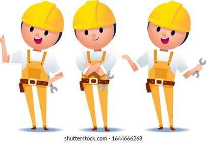Vector set of engineer, technician, builder, constructor characters wearing hard hat in different actions isolated on white background