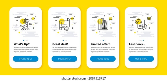 Vector set of Engineering plan, Lighthouse and Skyscraper buildings line icons set. UI phone app screens with line icons. Technical algorithm icon. Vector