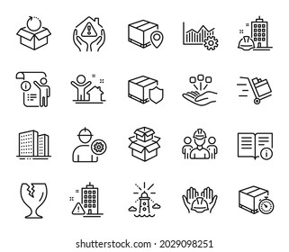 Vector set of Engineering team, Push cart and Lighthouse line icons set. Consolidation, Builders union and Buildings icons. New house, Engineer and Delivery insurance signs. Vector