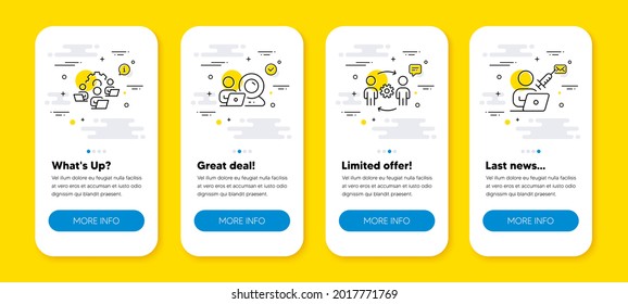 Vector set of Engineering team, Teamwork and Video conference line icons set. UI phone app screens with line icons. Vaccination appointment icon. Engineer person, Remote work, Online training. Vector