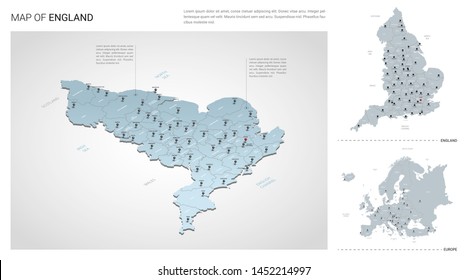 Vector set of England country.  Isometric 3d map, England map, Europe map - with region, state names and city names. 