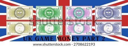 Vector set of England play money. Collection of vintage symmetrical banknotes of 1, 2, 25, 100 pounds. Retro imperial patterned notes. Royal crown and empty circle in center. Samples. Part 2