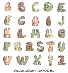 Vector set with English alphabet. Children learning material in dinosaur style.