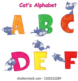 Vector set of english alphabet with fun cartoon cat who is engaged in his cat affairs. The second set of four