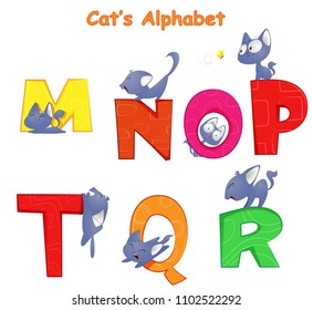 Vector set of english alphabet with fun cartoon cat who is engaged in his cat affairs. The third set of four