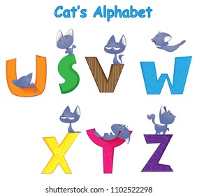 Vector set of english alphabet with fun cartoon cat who is engaged in his cat affairs. The first set of four