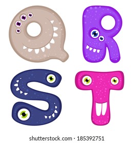 Vector set of english alphabet letters - Q, R, S, T. Funny monsters with toothy smiles. Good for children stuff, stationery, cards.
