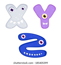 Vector set of english alphabet letters - X, Y, Z. Funny monsters with toothy smiles. Good for children stuff, stationery, cards.