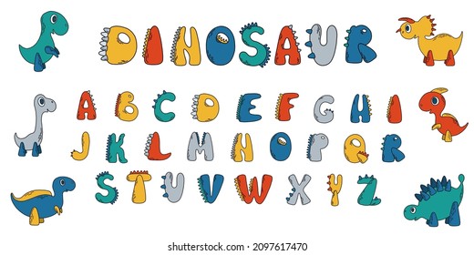 Vector set with English alphabet and nine cartoon dinosaurs. Cute bright learning material. Children poster.