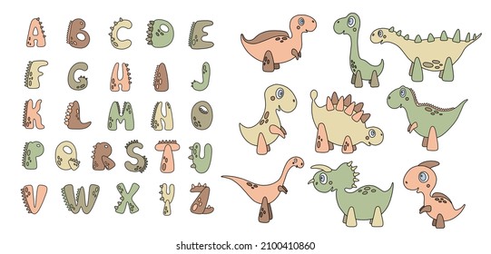 Vector set with English alphabet and nine different cartoon dinosaurs. Children’s learning material, poster with cute characters in light green and brown colors. 