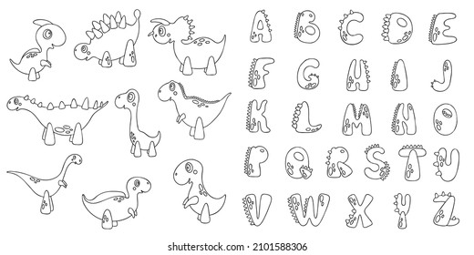 Vector set with English alphabet and nine dinosaurs. Children’s learning materail