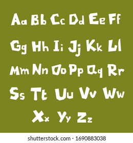 Vector set of English Alphabet on green background. Cute white massive vector English alphabet. Modern childish font. Funny hand made font. Lowercase and uppercase letters. Rough, chopped and brutal