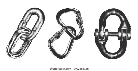Vector set of engraved style illustration for posters, decoration and print. Hand drawn sketch of block chain in monochrome isolated on white background. Detailed vintage woodcut style drawing.