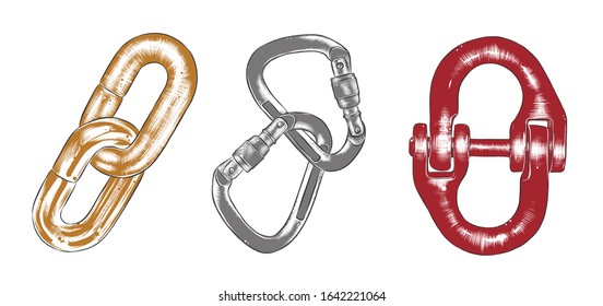 Vector set of engraved style illustration for posters, decoration and logo. Hand drawn sketch of block chain in colorful isolated on white background. Detailed vintage woodcut style drawing.