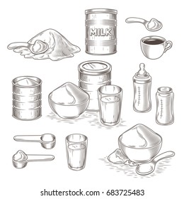 Vector set of engraving illustration of milk powder in an aluminum can and poured into a bowl, a glass with prepared instant milk, baby bottle and the addition of milk powder into a cup of tea, coffee