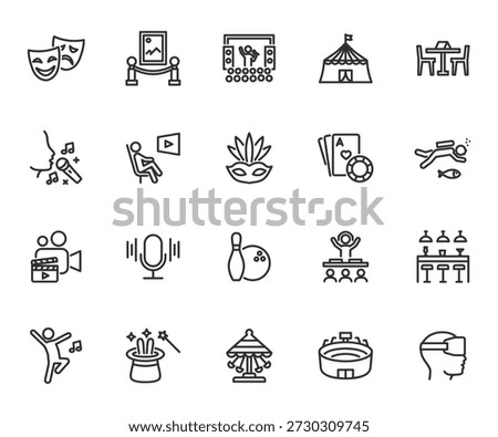 Vector set of entertainment line icons. Contains icons theater, gallery, concert, diving, bowling, bar, magic tricks, dancing and more. Pixel perfect.
