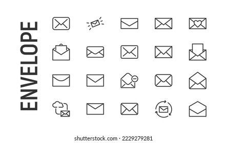 Vector set of envelope thin line icons. Design of 20 stroke pictograms. Signs of envelope isolated on a white background.