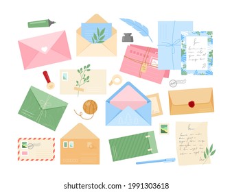 Vector set of envelopes with mail, postmarks and postcards, postage stamps, letters, plants, pen, note. Vintage craft paper letters with handwritten text. Sealing wax on handmade cards. Postal service