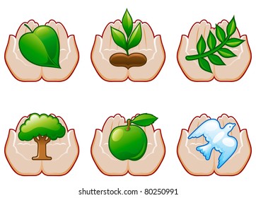 Vector set of environment conservation icons with human hands. Careful hands with leaf, tree, apple, pigeon, sprout.