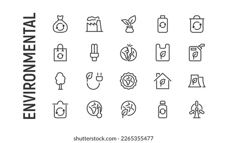 Vector set of environmental thin line icons. Design of 20 stroke pictograms. Signs of environmental isolated on a white background.