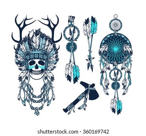 vector set of the epic Indian shaman skull boom a native religion