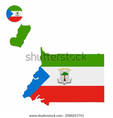 Vector set of Equatorial Guinea high detailed map flag and national flag round badge isolated on white background.