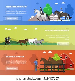 Vector set of equestrian sport, taming wild horses, farming concept banners. Women riding horses, cowboy throwing lasso, working farmer near stable and horses, place for text. Flat style.