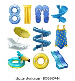 Vector Set Of Equipment And Accessory For Water Pool Park Sliders In Yellow And Blue Color. Isolated On White Background