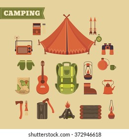 Vector set of equipment for camping