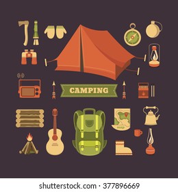 Vector set of equipment for camping. Illustration on the camping theme. Sports and outdoor recreation. Background for cards, invitations. Retro style.