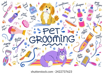 Vector set of equipment and cosmetics for pet grooming in flat cartoon style. Home grooming tools isolated sticker for banners, posters and social media. Stripping rake, nail grinder, flea comp