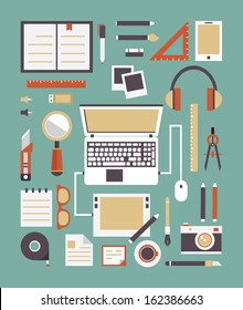 Vector set of equipment for design. Gadgets for creation. Flat style design - vector illustration