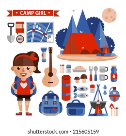 Vector set of equipment for hiking, tourism, forest landscape, character in cartoon style. Girl with a backpack, equipment for a hike and a forest landscape with a tent set of illustrations.