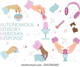 Vector set of equipment for making asmr content with african caucasian and asian hands cartoon style