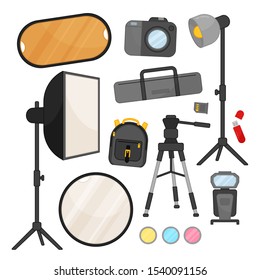 
Vector set of equipment for the photographer. Professional photo studio accessories.