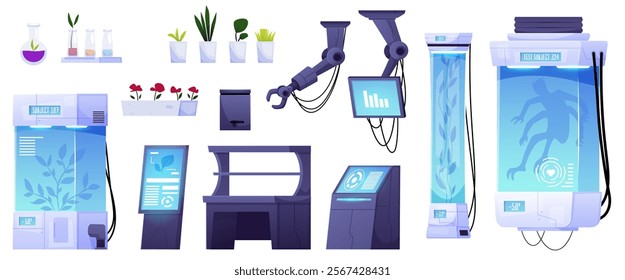 A vector set with equipment from a secret laboratory. The design includes a robotic arm, capsules with plants and an alien monster for cloning and experimentation.