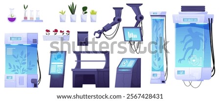 A vector set with equipment from a secret laboratory. The design includes a robotic arm, capsules with plants and an alien monster for cloning and experimentation.