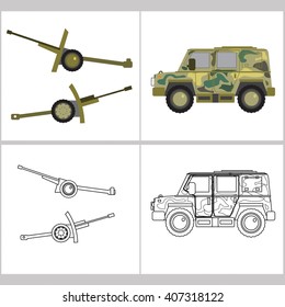 Vector set of equipment and transport. It can be used as coloring pages for boys. Part 4: Military equipment