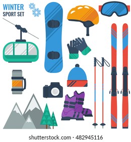 Vector set of equipment for winter recreation isolated on white. Snowboard and ski with lift mountain and nature in flat style