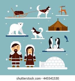 Vector set of eskimo characters with igloo house, dog, white bear and penguins. People in traditional eskimos costume and arctic animals.