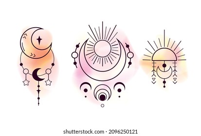 Vector set of esoteric symbol with yellow blurry stains. Contour space sacred decoration with paint drips. Witchcraft ornament with stars. Outline magic elements with crescent and sun for card