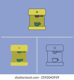 A vector set of espresso machines with a cup in three styles: flat color, outline, and monochrome