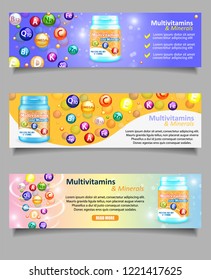 Vector set of essential vitamin and mineral complex banners. Multivitamin and minerals web banners. Dietary supplement and healthy lifestyle.