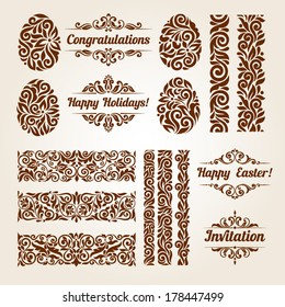 Vector set of Ester holidays decor. Vintage borders, eggs, inscriptions and pattern elements