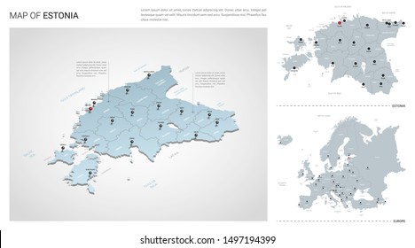 Vector set of Estonia country.  Isometric 3d map, Estonia map, Europe map - with region, state names and city names. 
