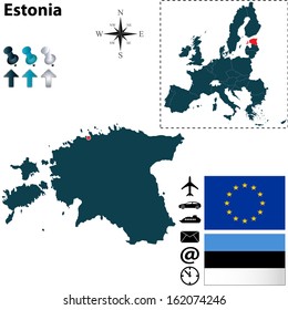 Vector set of Estonia country shape with flags, buttons and icons isolated on white background