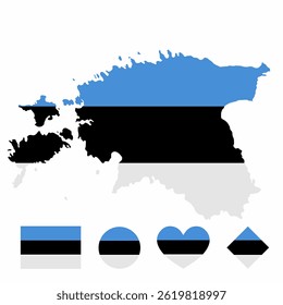 Vector set of Estonia high detailed map flag and national flag round badge isolated on white background.